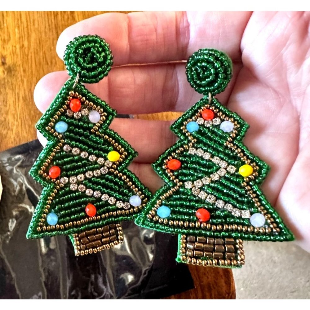 Beaded Christmas Tree Earrings Handmade embellished Ornaments Dangle Pos…